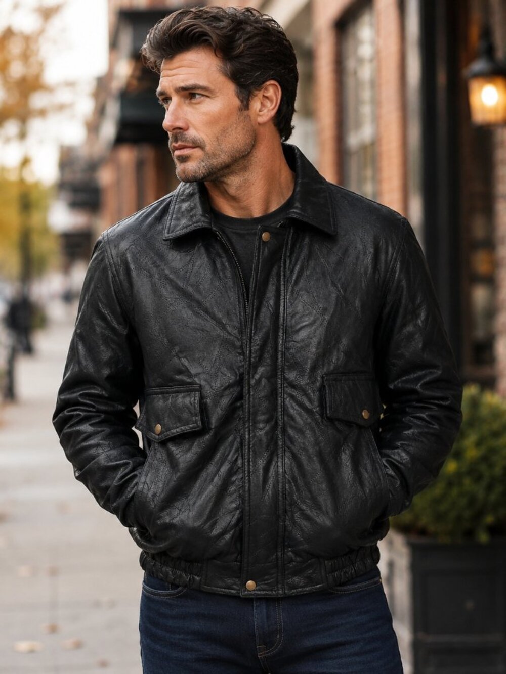Black Leather Bomber Jacket - for the Rugged Man - Lined Pockets Full zip Cuffed